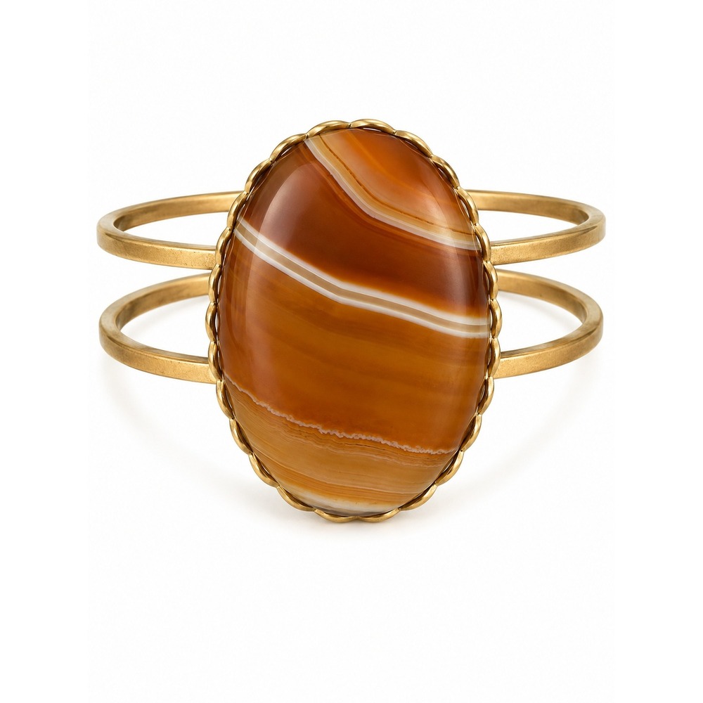 Vintage Botswana Agate Cuff Bracelet Banded Brown Stone Brushed Gold Tone Hinged